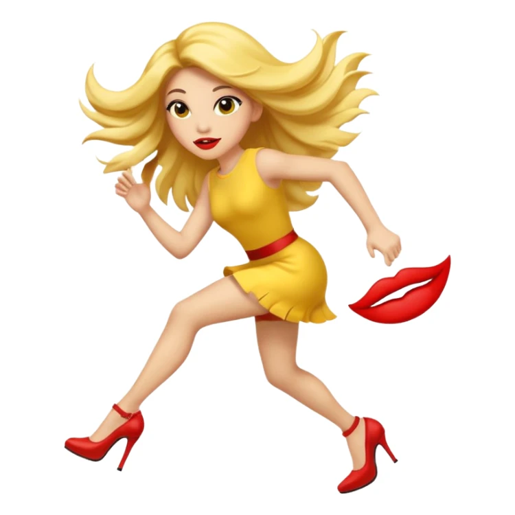 circular yellow traditional iOS emoji face, running to the left, with long fake lashes, big red lips, long hair, hovering feet in heels, neutral masculine style, not feminine or womanly sticker