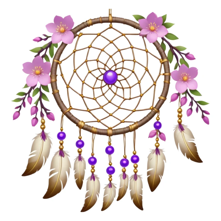 A white-birch Dreamcatcher. with purple-round-orbs, gold-rings hanging down. purple flowers, pink sakura flowers, sticker