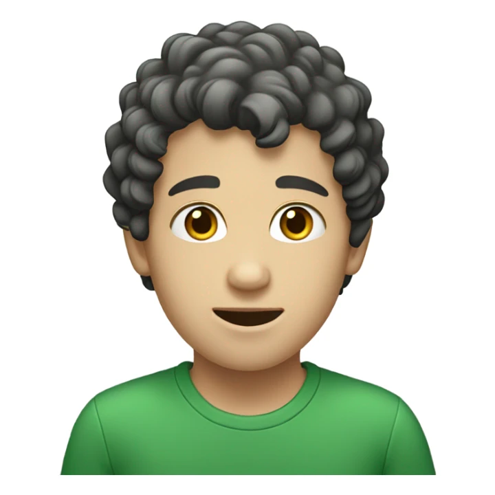 White boy with black curly hair wearing green sticker