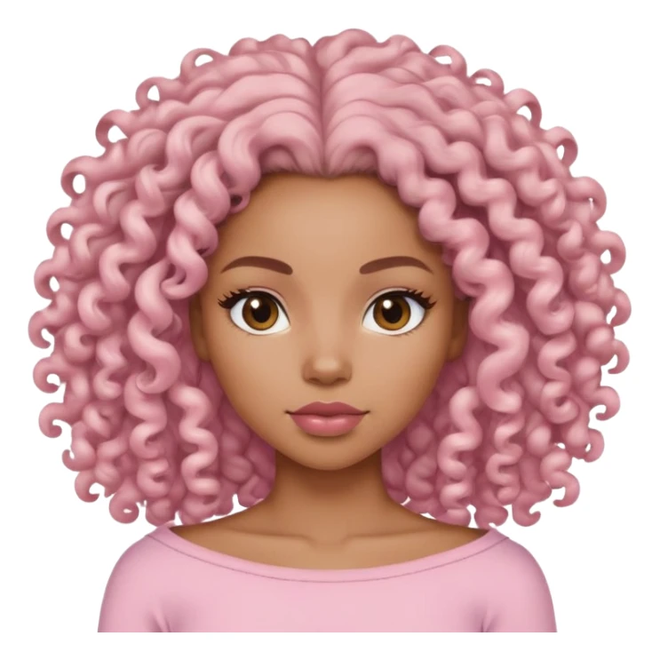 Mulher negra, mostrada do ombro pra cima usando uma roupa rosa claro com cabelo cacheado e volumoso  sticker