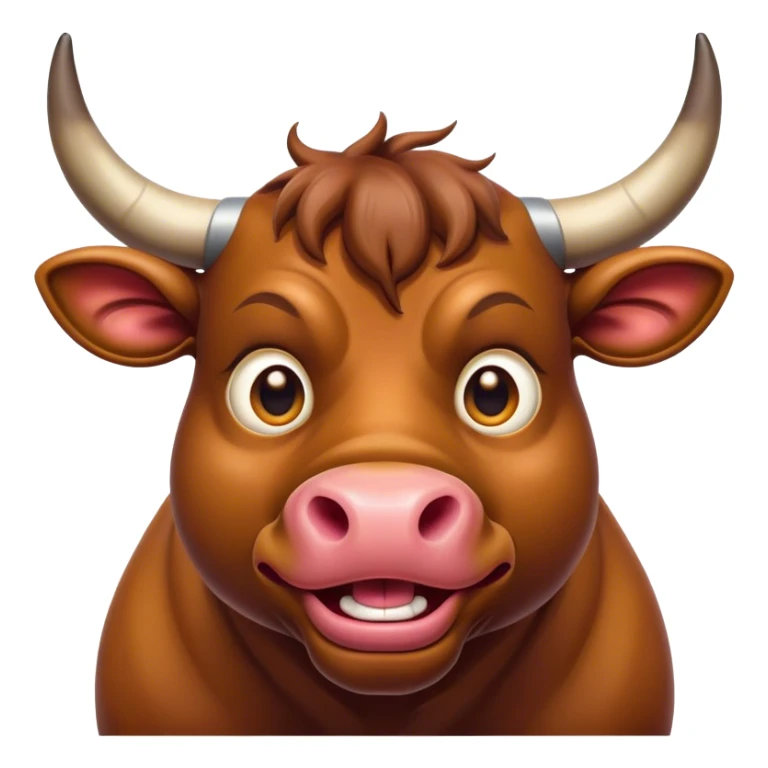 Cinematic Comical Domestic Bull Portrait Emoji, Head tilted dramatically with an exaggeratedly amused expression, featuring a striking, glossy coat with boldly defined horns and wide, expressive eyes brimming with playful disbelief, Simplified yet hilariously expressive features, highly detailed, glowing with a slightly sassy, earthy glow, high shine, dramatic yet playful, stylized with an air of cheeky rural mischief, soft glowing outline, capturing the essence of a spirited and over-the-top domestic bull that looks ready to charge its way into internet fame instantly! sticker