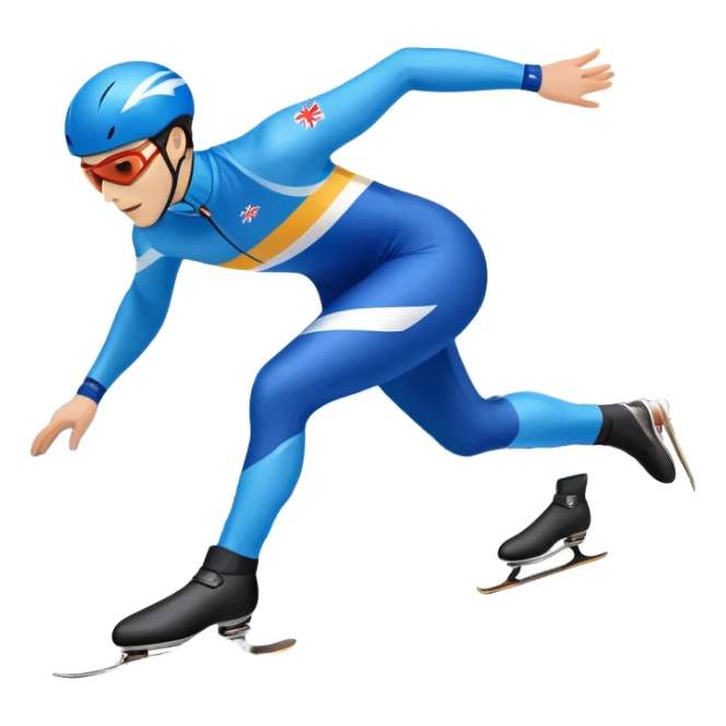 An icon showing a speed skater gliding on a professional oval ice track, captured in mid-motion with aerodynamic posture and sleek skates. The background features snowy mountains, flags, and a clear blue sky. Transparent background reflects the speed and elegance of the sport. sticker