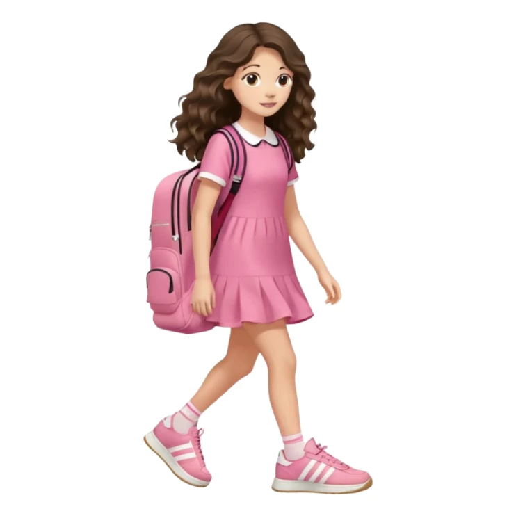 aestethic brunette very,very,very long wavy hair walking with a school backpack, with a cute pink dress, adidas samba shoes sticker