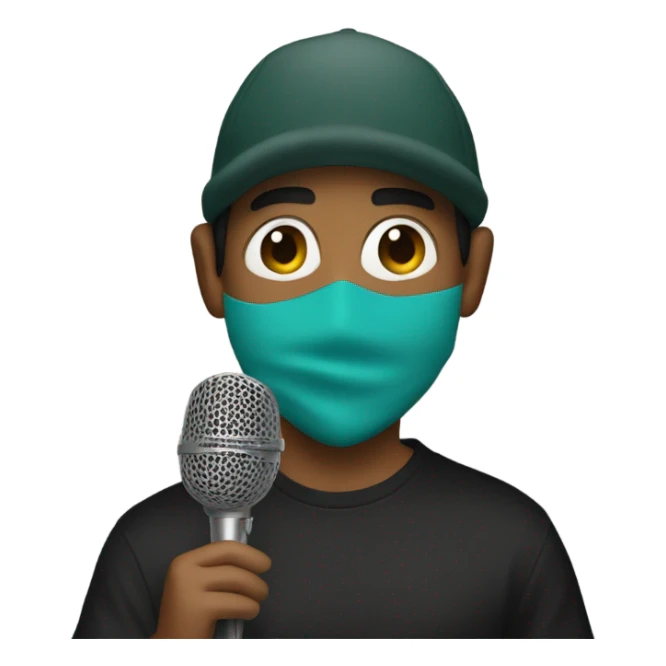 Mexican boy rapping into a microphone with a ski mask sticker