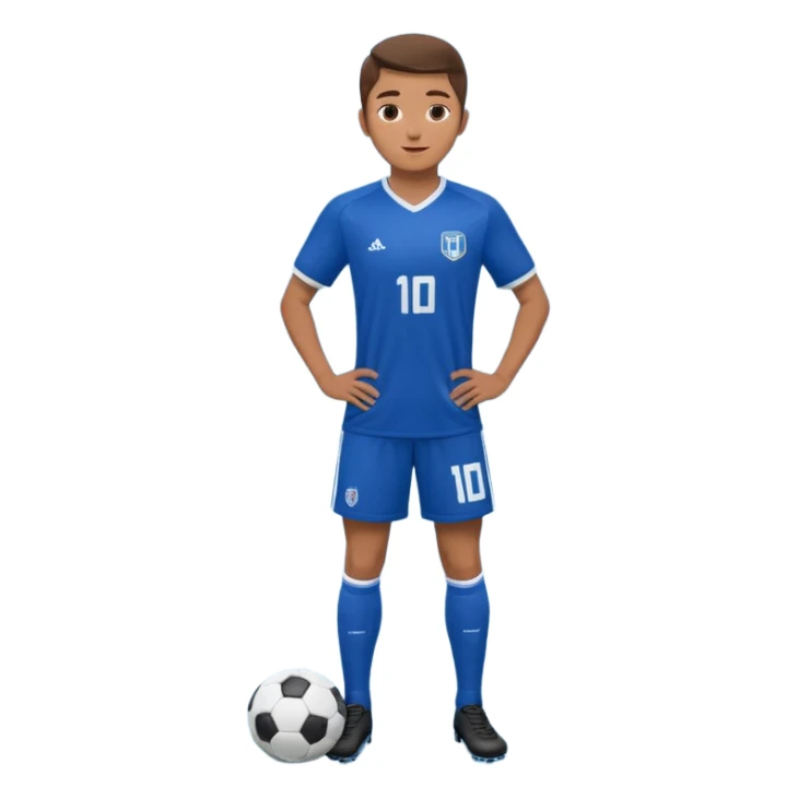 Apple emoji style 21 year old soccer player standing same pose, blue jersey #10, ultra realistic, studio lighting sticker