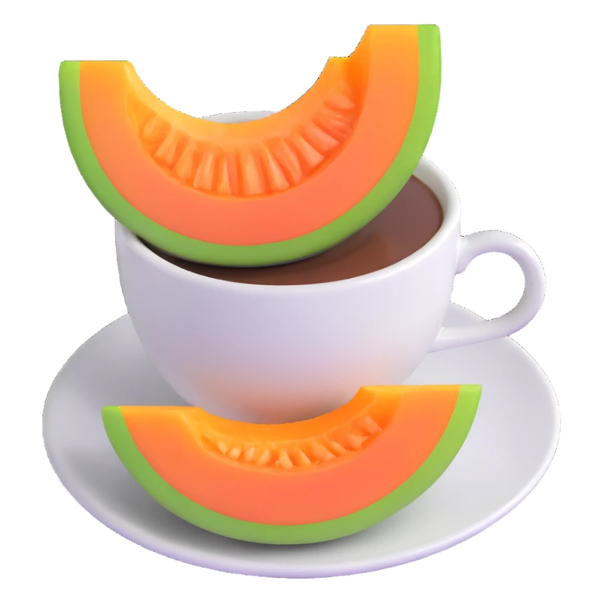 carajillo in an espresso cup with a slice of cantaloupe melon beside it sticker