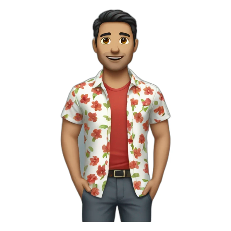 white man with a flower shirt with a red pant and dark hair sticker