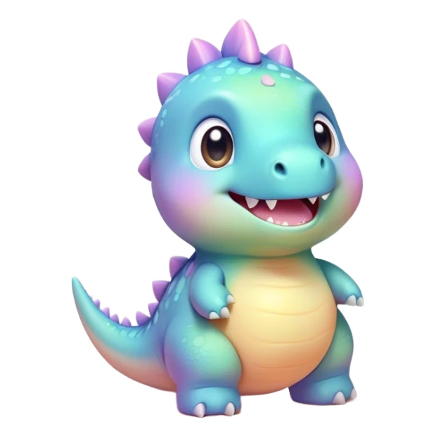 Cinematic tiny pastel dinosaur, chubby round body, tiny feet, big sparkling eyes, soft glowing colors, happy and friendly expression, radiating warmth. sticker