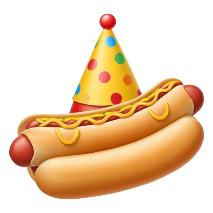 A hotdog wearing a party hat sticker
