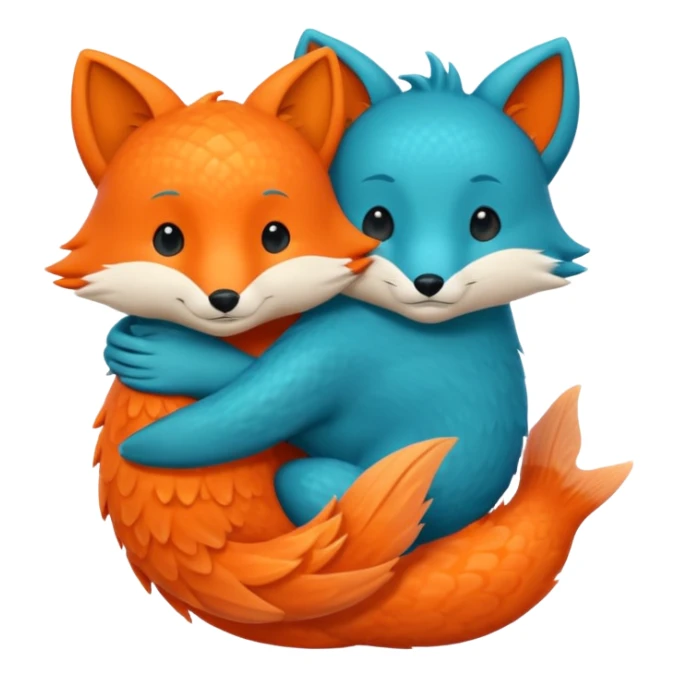 One orange fish and one teal blue fox, that are hugging or cuddling each other sticker