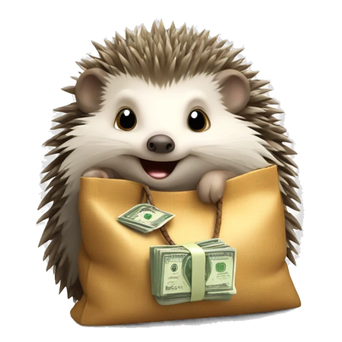 A cute hedgehog is sitting with a bag of money sticker