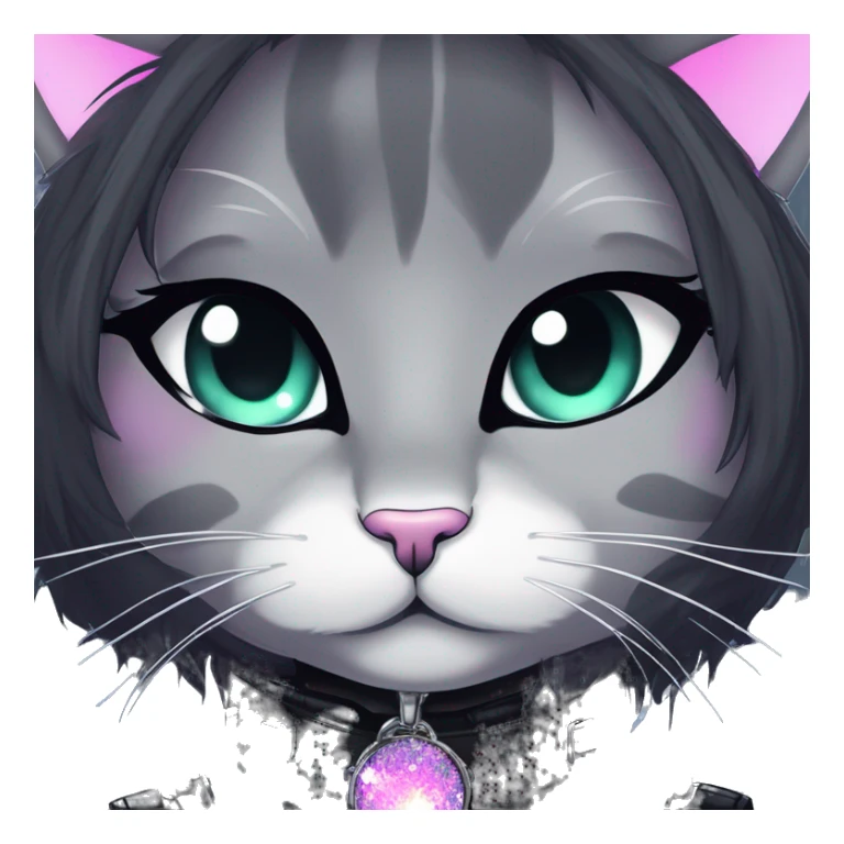 Gorgeous sparkly epic gradient gothic dark techwear anime style anthro cat with blushing face aesthetic and pretty edgy black with collar and harness trending style sticker