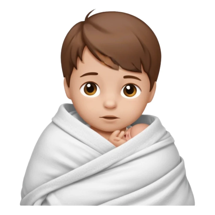 A new born baby boy wrapped in a swaddle with brown hair sticker