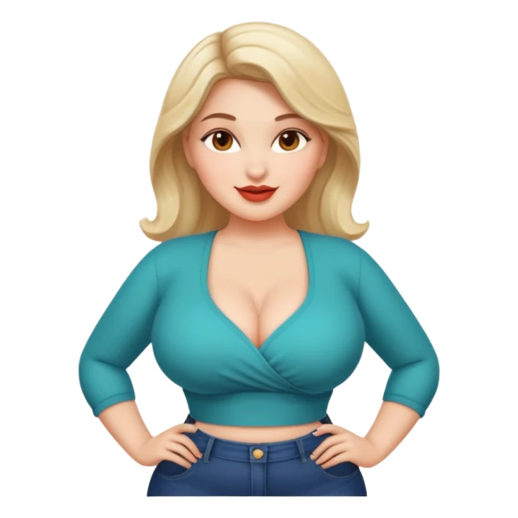 woman with voluptuous body, wearing trendy clothes, cheerful face sticker