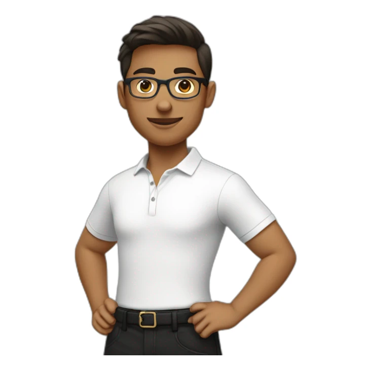 college student wearing white polo shirt and black pants with eyeglass sticker