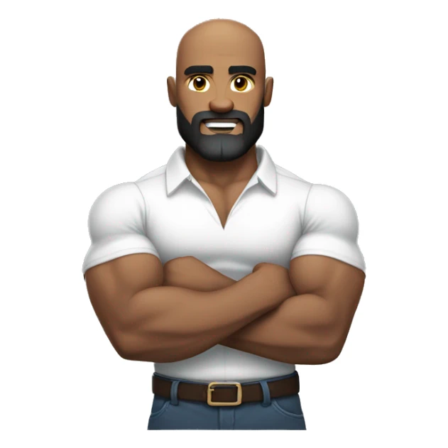 Muscular man flexing, bald, dark beard in a white shirt sticker