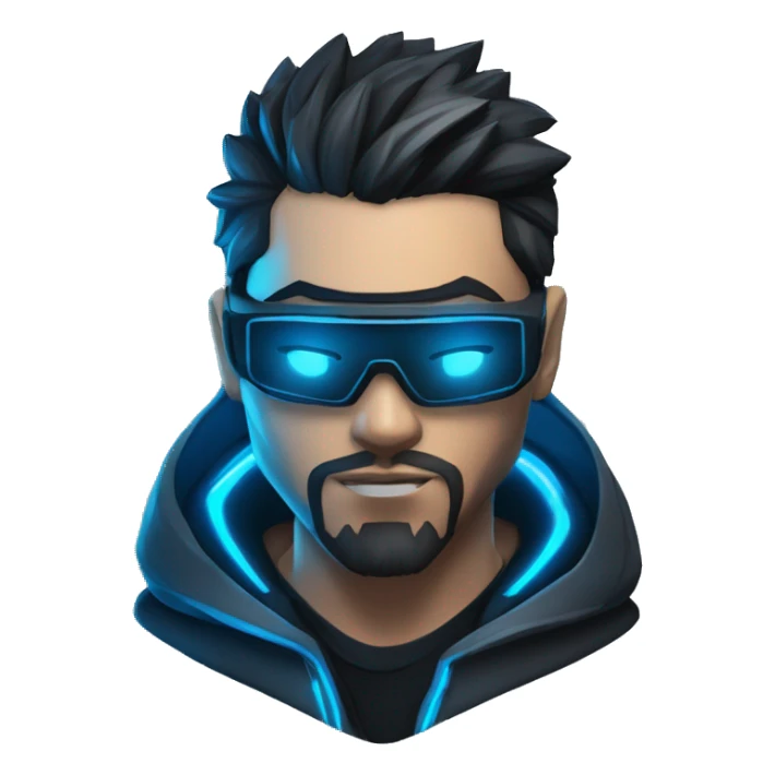 developer behind his laptop with this style : crysis Cyberpunk Riot Games Valorant neon glowing bright blue character blue black hooded assassin themed character sticker