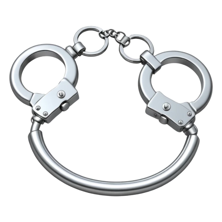 A pair of elegant handcuffs emoji made of silver chrome, smooth rounded design, glossy metallic reflections, luxury fetish aesthetic, minimal iOS emoji style, centered, clean white background sticker