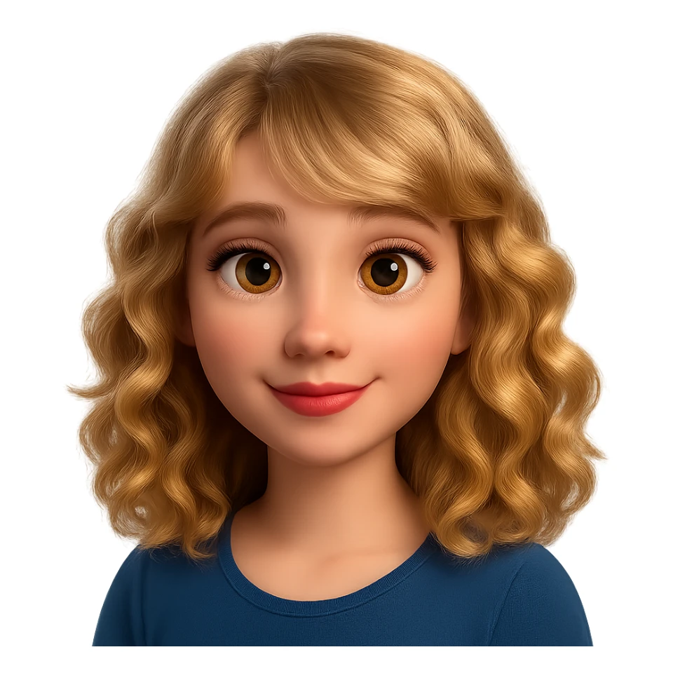 Redraw this character in a 3D Disney Pixar animation style with realistic lighting, soft textures, and expressive features. Keep the blonde curly hair, golden eyes, and red lips. Make it look like a Disney Pixar character with a transparent background. sticker
