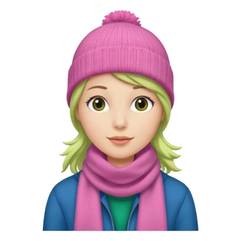 una mujer con: pink beanie, green bufanda and long blue jacket sticker