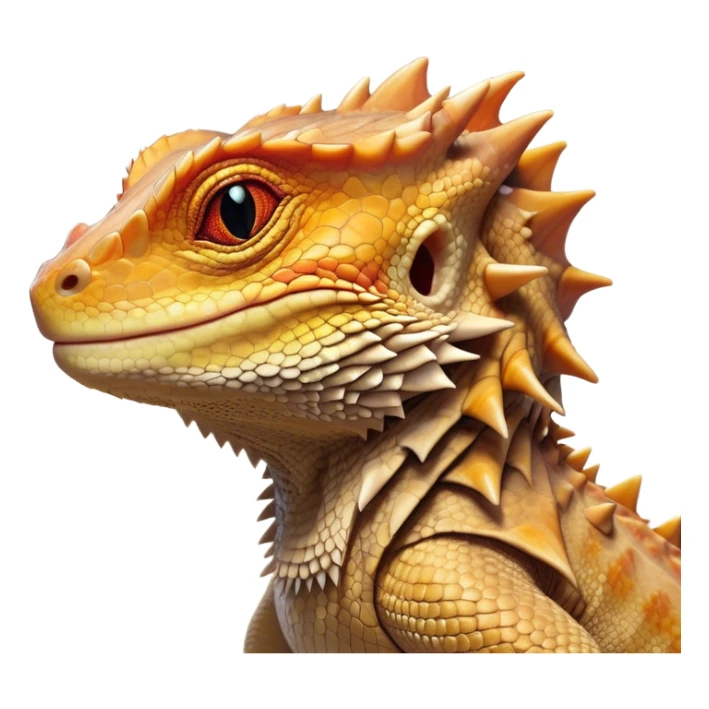 Cinematic Noble Bearded Dragon Portrait Emoji, Poised and regal, with a robust, angular build and a textured, scaled hide in earthy olive and sandy tones, a prominent spiky 'beard' beneath its chin and a keen, alert gaze, Simplified yet sharp and sophisticated features, highly detailed, glowing with a soft, dignified glow, high shine, intelligent and fierce, stylized with an air of desert majesty, focused and attentive, soft glowing outline, capturing the essence of a watchful and commanding reptile, so majestic it feels as though it could scuttle out of the screen with effortless authority! sticker