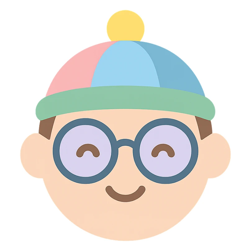 a face wearing a colorful hat and round glasses, cartoon style, cute expression, icon style sticker