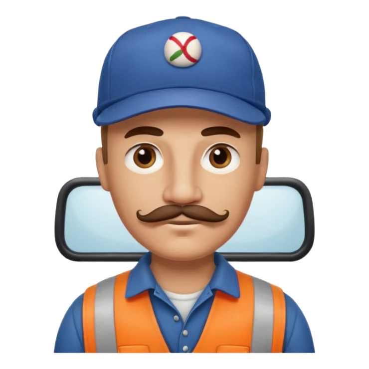 bald truck driver with a mustache and a baseball cap sticker
