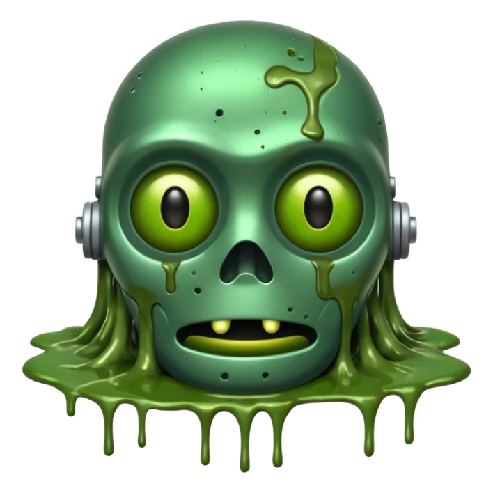 make a tired old melting robot emoji, covered in green sludge, 2d, make the eyes melting and gross sticker