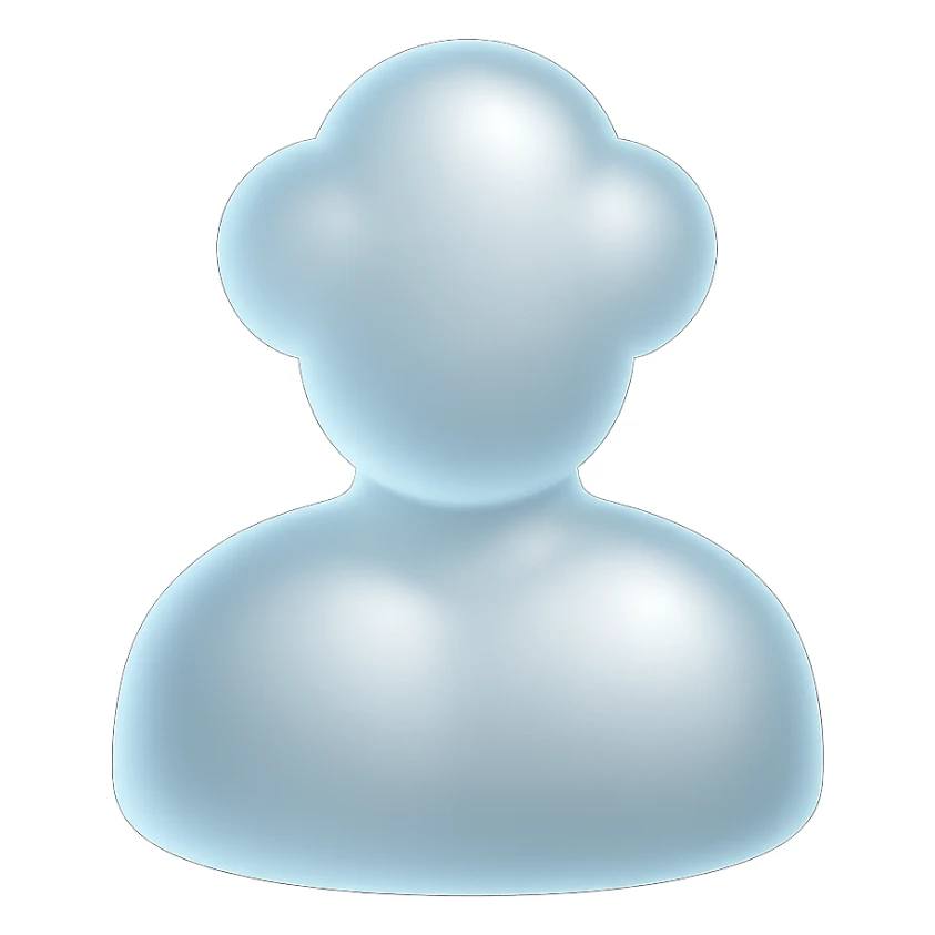 front view, person shoulders up, body made of white convex clouds, matte glass style sticker