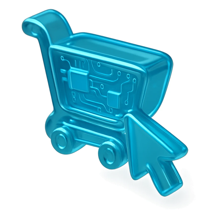 Flat icon of a shopping cart with a digital cursor, cyan blue sticker