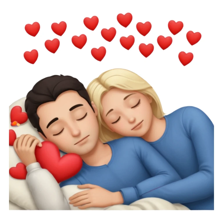 Sleeping romance couple. man has dark hair. woman is blonde. hearts around them. no third person. sticker
