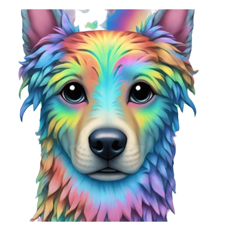Multicolored rainbow retro groovy tie dye hippie trippy floral patterns on a metallic holographic iridescent blue dog face head unicorn sticker
