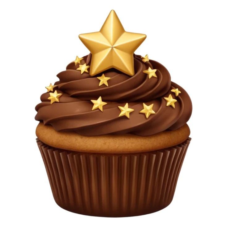 cupcake with brown chocolate frosting and gold stars sticker