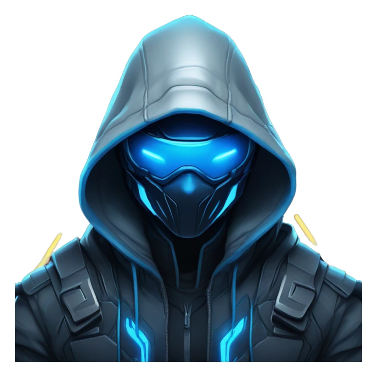 developer behind his laptop with this style : crysis Cyberpunk Valorant neon glowing bright blue character blue black hooded assassin themed character sticker
