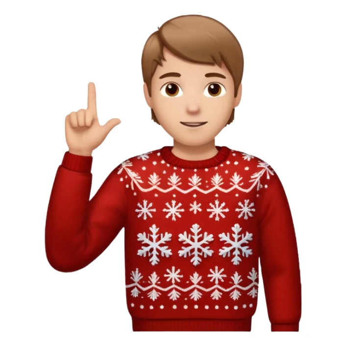 A guy pointing up with one hand and he has a christmas sweater with snowflakes in it. He has brown light hair. sticker
