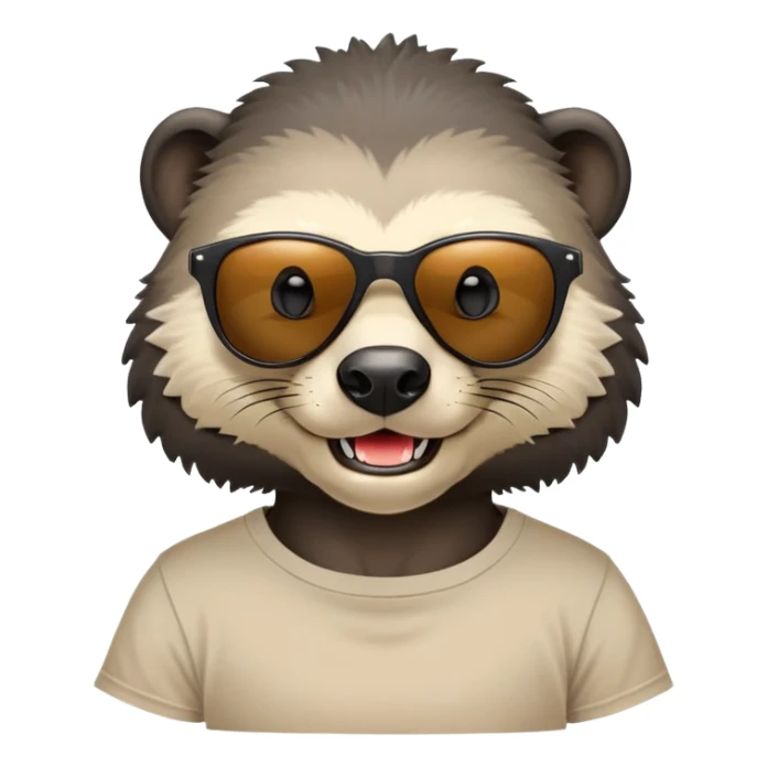 friendly anthropomorphised honey badger head and neck wearing sunglasses, top of t-shirt visible sticker