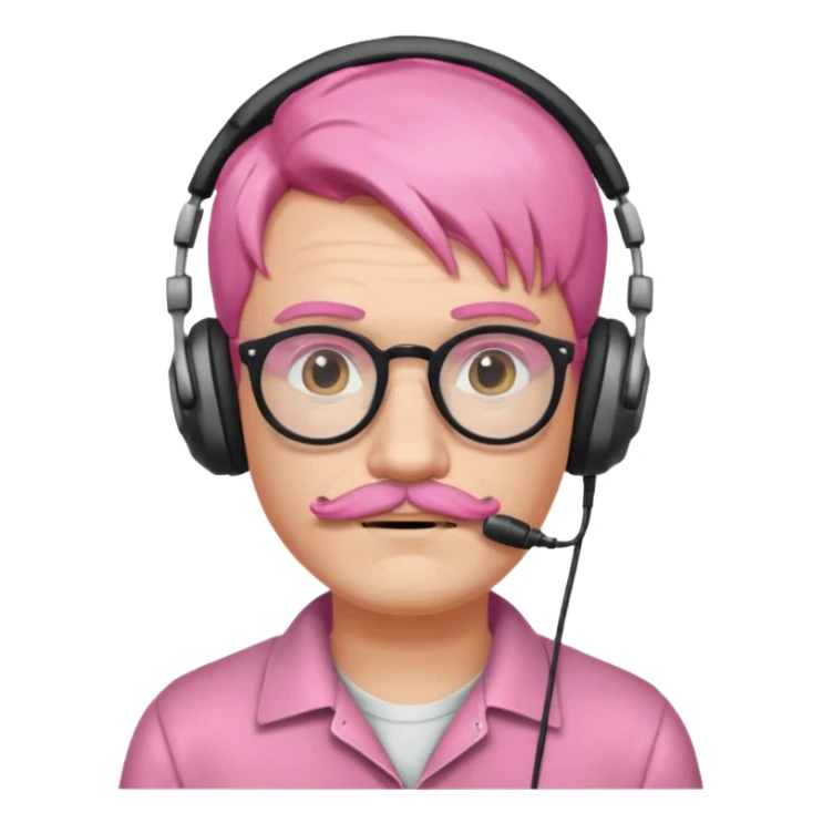 headphone and spectacles, mustached pink hair man, no mic sticker