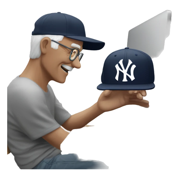 Young man with New York yankees SnapBack hat helping old man to use artificial intelligence on a MacBook  computer sticker