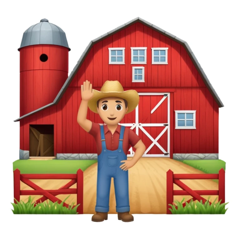 a farmer waving in front of a red barn sticker