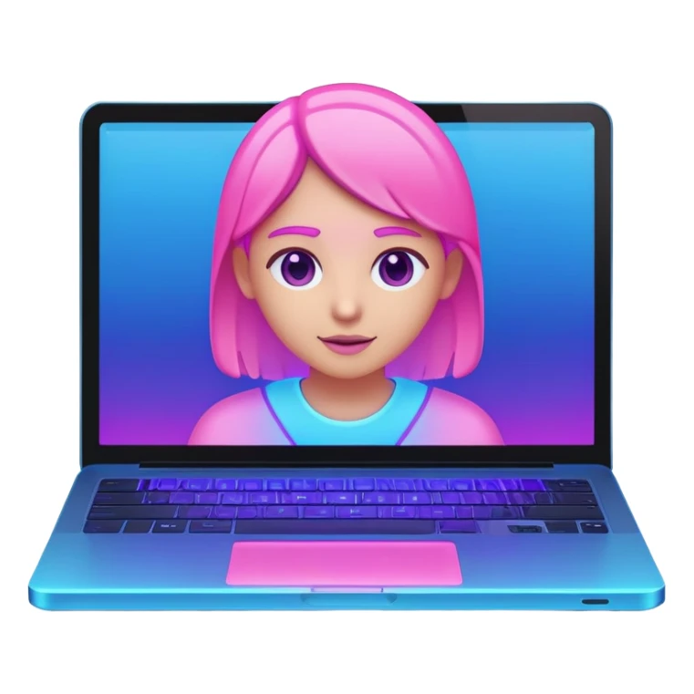 laptop computer with video call showing a person on screen, pink and light blue interface, with neon glow lines, blue neon light on top left, purple neon light on bottom right sticker