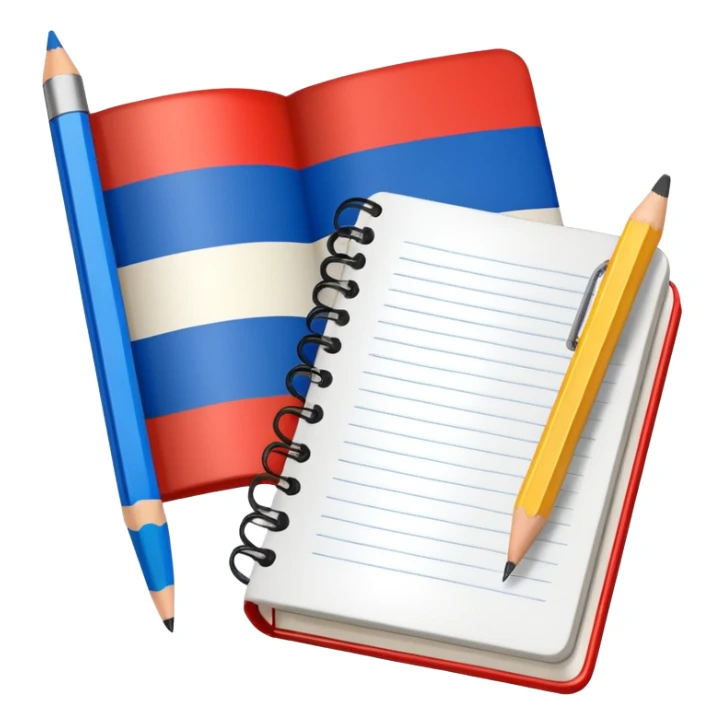 book with Russian flag colors, open notebook and pencil nearby sticker