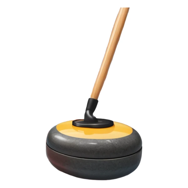 An icon featuring a curling stone in the foreground on an ice sheet with marked target circles. A curling broom rests nearby. In the background, a grand indoor stadium with bright lights and cheering fans. The ice reflects the vibrant colors of the surroundings. Transparent background. sticker