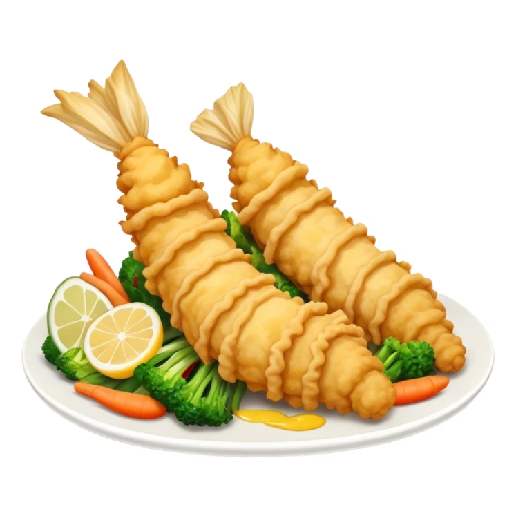 Tempura Cinematic Realistic Tempura Dish Emoji, depicted as extra crispy, lightly battered seafood and vegetables, rendered with vivid textures and dynamic, bright lighting. sticker