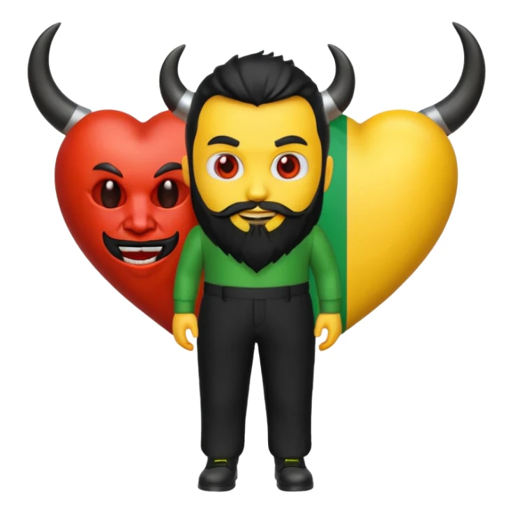 3D yellow heart emoji, devil face, full black beard, black horns and tail. Top: Italian flag. Bottom: Cornish flag trousers. Apple style, glossy, white background. sticker