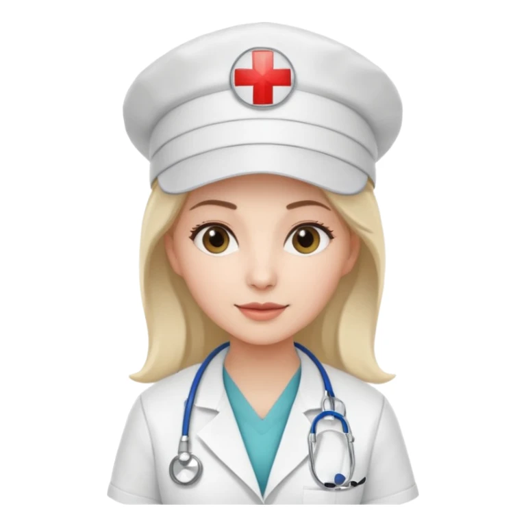 female doctor with white uniform and white hat with hospital logo on hat sticker