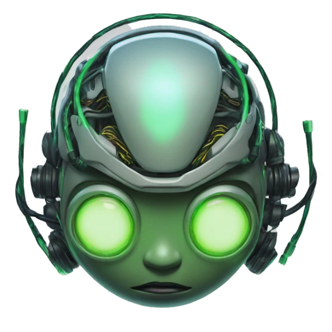 Round Alien cyborg head with glowing wires and green eyes  sticker