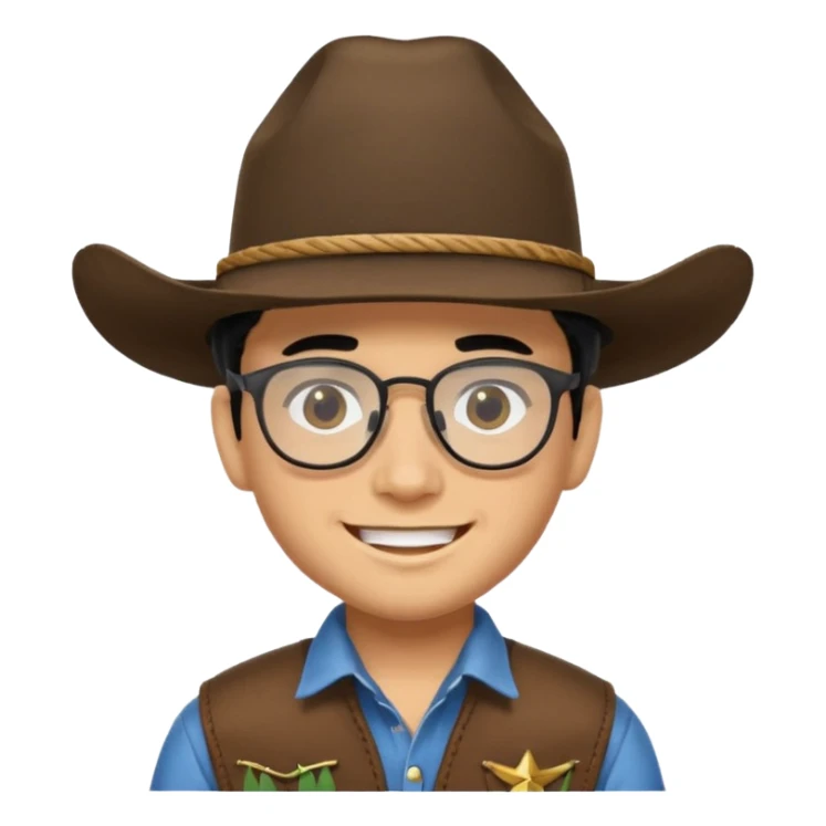 Hispanic Smiling boy with cow boy hat and black hair  . With chin strap and black glasses  sticker