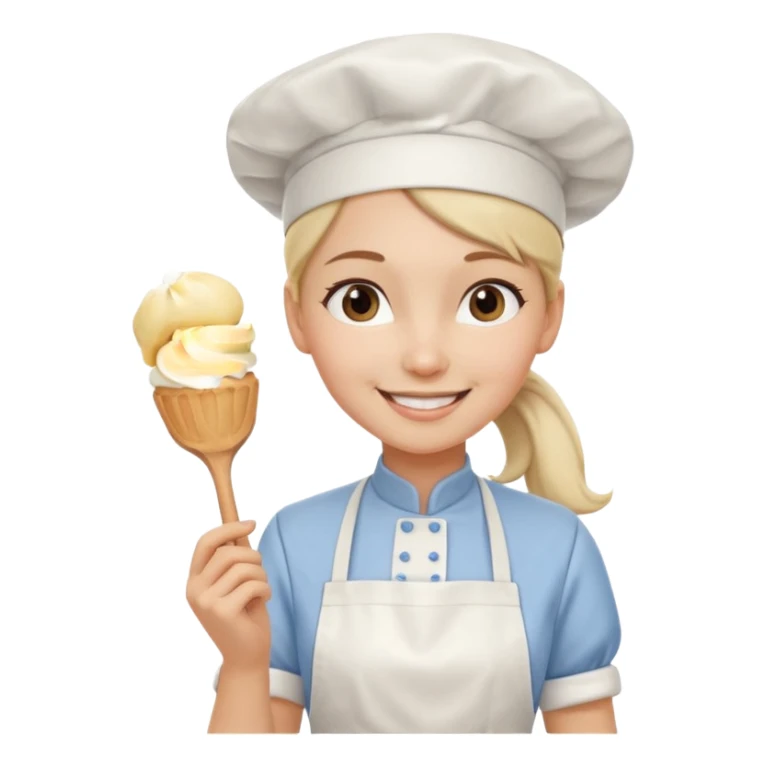Young female pastry chef - ponytail, apron, wearing a white hat, holding a cream piping bag sticker