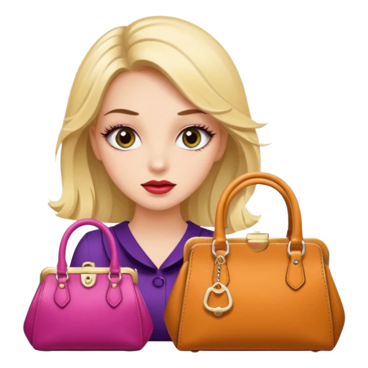 Glam girl with eyelasher looking left and right between two purses, playful puzzled expression — can’t decide between two options sticker