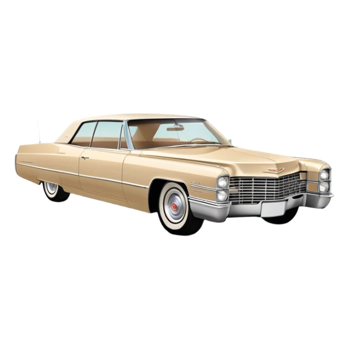 Abstracted beige 1966 Cadillac DeVille, minimal lines and simple shapes, clean 30-degree view, only hint of essential features, Once Upon a Hollywood car, iOS emoji style sticker